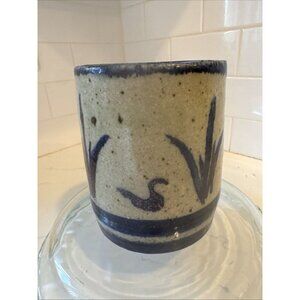 Studio Art Pottery Vase Planter Blue Ban Brown speckles Signed
